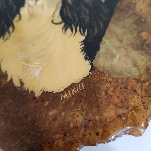 Hand Painted Agate Slab Art Of English Springer Spaniel Portrait 8x7" Signed - Picture 2 of 11